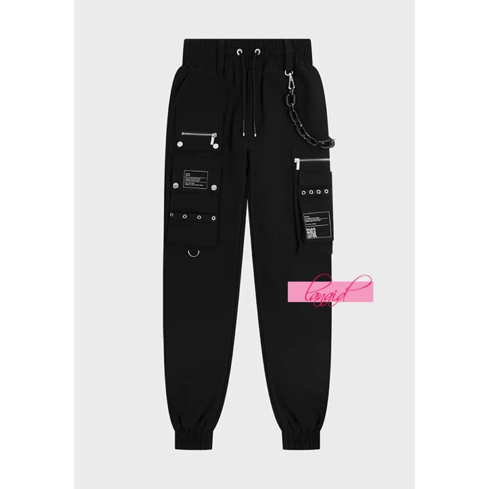 Maniere De Voir Cargo Pants Marble Matte Chain Black High-Rise Waist Edgy Gothic - Picture 5 of 10